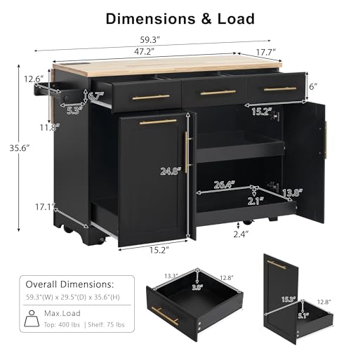 Kitchen Island with Trash Can Storage & Pull-Out Trays | Solid Rubberwood Countertop Kitchen Island on Wheels, Drop Leaf, Power Outlet, 3 Drawers - color: Black