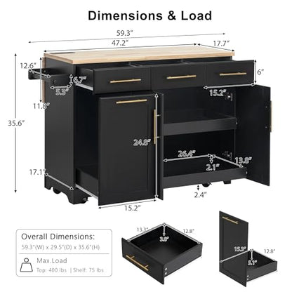 Kitchen Island with Trash Can Storage & Pull-Out Trays | Solid Rubberwood Countertop Kitchen Island on Wheels, Drop Leaf, Power Outlet, 3 Drawers - color: Black