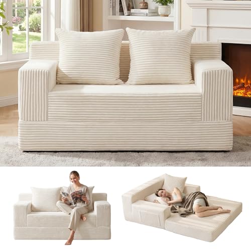 Erament Convertible Sofa Bed, Loveseat Folding Floor Futon Sleeper Sofa Couch Bed- Boneless Foldable Couch, Corduroy Pull Out Sofa Bed with 2 Pillows for Living Room & Bedroom - color: Beige, size: 54''(Lovesat)