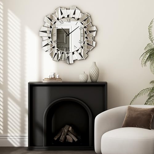 SHYFOY Silver Wall Clock, 24" Large Modern Mirror Clock | Roman Numerals, Luxury Art Wall Decor,Ideal Decoration for Living Room, Bedroom and Dining Room - size: Irregular
