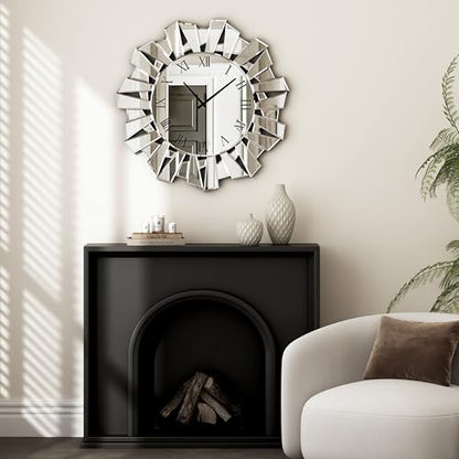 SHYFOY Silver Wall Clock, 24" Large Modern Mirror Clock | Roman Numerals, Luxury Art Wall Decor,Ideal Decoration for Living Room, Bedroom and Dining Room - size: Irregular