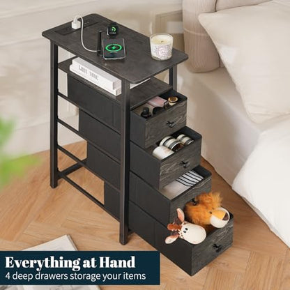 Yoobure LED Narrow Nightstand with Charging Station - Slim Dresser for Bedroom Narrow Side Table Storage Cabinet, Small Dressers Chest of Drawers, Tall Skinny Night Stand End Table for Small Spaces - color: Grey