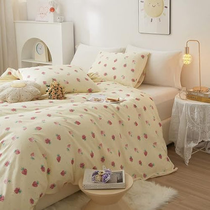 LifeTB Cute Strawberry Duvet Cover Twin Kids Girls Strawberry Bedding Set Kawaii Kids Duvet Cover Soft 100% Cotton Fruit Bedding Cover Boy Teen Cute Comforter Cover with 2 Pillowcases, Cream White - color: A7# Small Strawberry, size: Twin(68"x86")