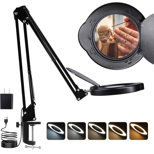 15X Magnifying Glass Desk Lamp with Clamp, Real Glass Lens with Dust Cover, 84 LEDs, 5 Color Modes, 10 Brightness Dimmable, Long Flexible Swing Arm Magnifier for Reading, Crafting, Repair, Close Works