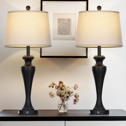 CINSARY 30“ Black Table Lamps for Living Room, 3-Way Dimmable Touch Control Lamp with USB A+C Ports and AC Outlet, Tall Bedside Lamps Set of 2, Metal Bedroom Lamp for Nightstand, 2 Bulbs Included - color: Black (2 Pack)