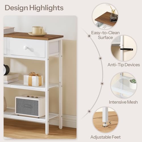 HOOBRO 29.5" Narrow Console Table with 2 Fabric Drawers, Sofa Table, Small Entryway Table with 3-Tier Storage Shelves, Behind Couch Table, for Living Room, Hallway, Walnut and White WH72XG01 - color: Walnut + White