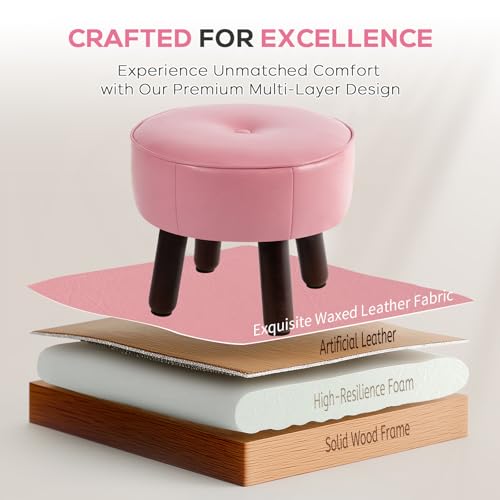 Small Foot Stool Round Pouf Ottoman, Leather Foot Rest with Rubber Legs | 13'' Leather Footrest with Non-Skid, Foolstool Ottomans for Couch, Sofa Step Stool for Living Room Bedroom Entryway, Pink - color: Pink