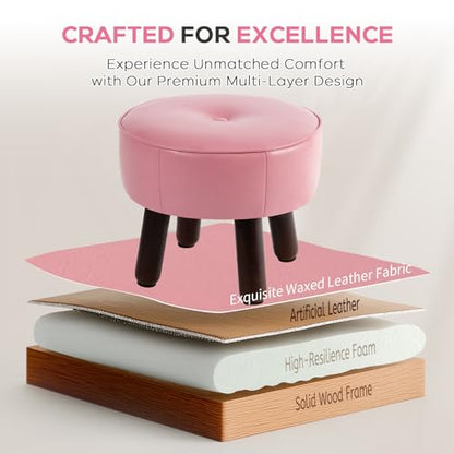 Small Foot Stool Round Pouf Ottoman, Leather Foot Rest with Rubber Legs | 13'' Leather Footrest with Non-Skid, Foolstool Ottomans for Couch, Sofa Step Stool for Living Room Bedroom Entryway, Pink - color: Pink