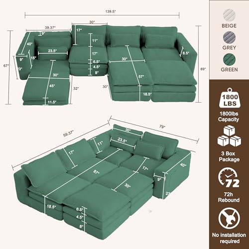 140" U Shape Modular Sectional Sofa with Ottoman, Boneless Couch Three-Layer Deep 4 Seat Convertible Pull Out Sleeper Sofa Bed for Living Room Apartment No Assembly 140" U-Green - size: 140"U