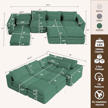 140" U Shape Modular Sectional Sofa with Ottoman, Boneless Couch Three-Layer Deep 4 Seat Convertible Pull Out Sleeper Sofa Bed for Living Room Apartment No Assembly 140" U-Green - size: 140"U