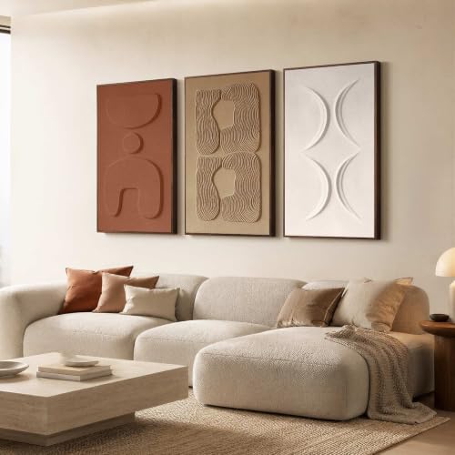 Thalasse Abstract Wall Art Large Framed 3D Ochre Terracotta 24x36 In | Wabi Sabi sandstone artwork, solid Catalpa wood frame, minimalist triptych hallway entryway, set of 3 - color: Ochre Earth & Terracotta Harmony, size: 24" x 36" (Set of 3)