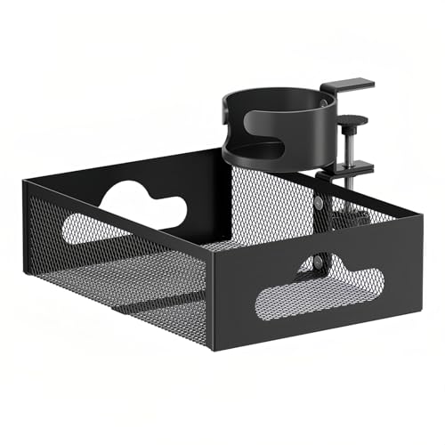 Cup Holder Under Desk Drawer 360° Swivel C-clamp Mounting Mesh Storage Box Spill-proof Easy Install Table Management Tray