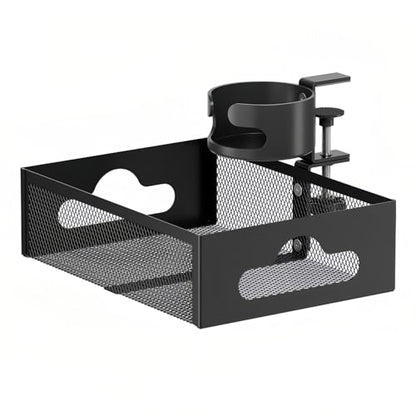 Cup Holder Under Desk Drawer 360° Swivel C-clamp Mounting Mesh Storage Box Spill-proof Easy Install Table Management Tray