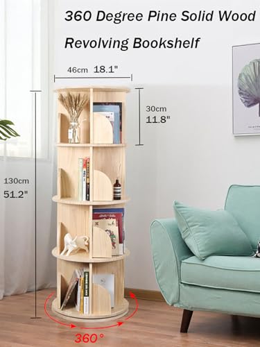 Bear Qiaqia 4 Tier Rotating Bookshelf, 360° Wooden Spinning Bookcase | Spinning Bookshelf Tower with Large Capacity for Small Space, Narrow Bookcase Storage for Bedroom, Living Room - color: 4 Tier