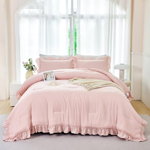 ANGIYUIN 5 Pieces Blush Pink Ruffled Comforter Sets Full Farmhouse Bed in A Bag with Layer Ruffle Soft Lightweight Bedding Sets with Sheet Sets, Pillowcases（Blush Pink Full） - color: Blush Pink, size: Full(5Pcs)