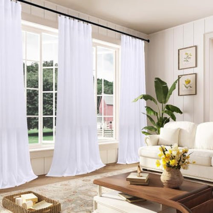 White Back Tab Linen Blend Sheer Curtains for Living Room 42x84 Inch Length - color: White, size: 42"W x 84"L (Pack of 2)