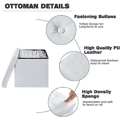 VECELO Storage Ottoman, Footrest Footstool, Folding Ottoman Small Square Cube Storage Chest for Living Room Utility Room Entryway, Holds up to 250 lb, 15 x 15 x 15 inches, White