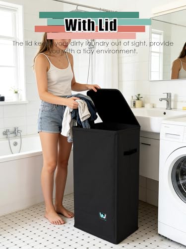 WTREE Laundry Hamper with Lid, Reinforced Sturdy Clothes Hamper with Anti-Puncture Base, Large Collapsible Laundry Basket with Removable Liner Bag, Tall Dirty Clothes Bin for Family, 100L Black - color: Black