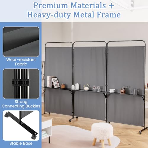GOFLAME 3 Panel Room Divider with Storage Shelves, 6FT Folding Privacy Screen with Lockable Wheels, Portable Rolling Wall Divider, Freestanding Partition Screen for Room Separation, Grey - color: Grey