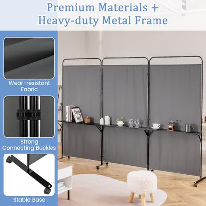 GOFLAME 3 Panel Room Divider with Storage Shelves, 6FT Folding Privacy Screen with Lockable Wheels, Portable Rolling Wall Divider, Freestanding Partition Screen for Room Separation, Grey - color: Grey