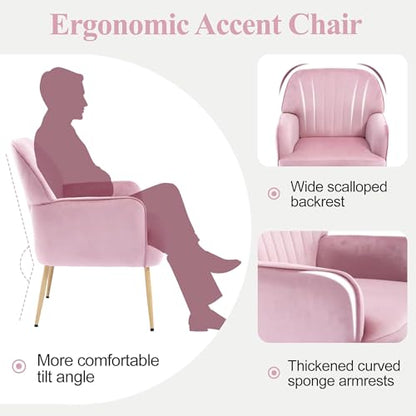 GDFStudio 25" Velvet Accent Chair with Arms and Back, Modern Shell-Shaped Upholstered Barrel Chairs, Small Comfy Reading Chair Lounge Chairs with Solid Legs for Living Room Bedroom Office Cafe, Pink - color: Pink