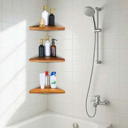 ENKEZI Acacia 2,3 Tiers Corner Shower Shelf, Triangular Corner Shelf Wooden Bathroom Shelf for Tiled Wall, Shower Corner Shelf, No Drilling Requied (3)