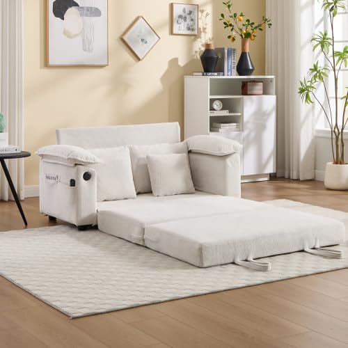 3-in-1 Convertible Pull Out Loveseat Sofabed, Upholstered Sleeper Sofa Bed | Foldable Loveseat Sleeper Couch, Space‑Saving Lounge Mattress Sofa with Pillows & Cushion for Living Room/Apartment, White - color: White