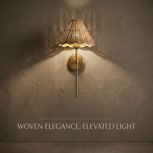 Rattan Wall Sconce Set of 2, Hardwired Boho Wall Sconces with Handwoven Rattan Shade, Gold Wall Lights for Bedroom, Bedside, Hallway, Living Room - size: Hardwired