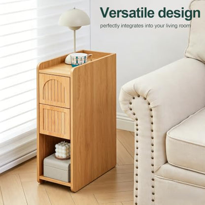 Narrow Nightstand Set of 2, Wooden Small 2 Drawer Nightstand, Slim Side End Table, Skinny Bedside Table, Mid Century Modern Night Stand with Drawers for Bedroom (Yellowish Natural) - color: Yellowish Natural