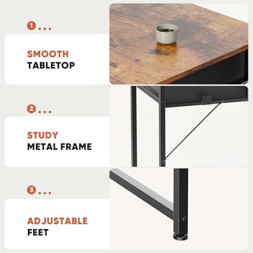 DUMOS 32" Home Office Computer Desk with Drawers, Small Gaming Writing Study Table with Storage Side Bag, Headphone Hook and Adjustable Feet for Bedroom Rustic Brown | Small Writing Desk for Home Office with Headphone Hook, Compact Study Table for Bedroom