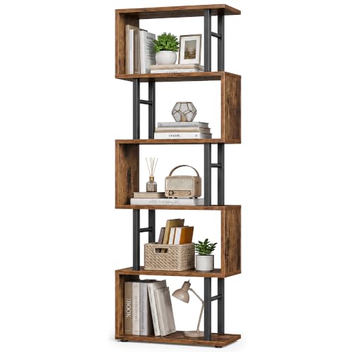 VASAGLE 6-Tier Bookshelf, S-Shaped Wood and Metal Bookcase, Tall Narrow Display Shelf, 15 x 9.4 x 61.9 in, for Living Room Storage, Rustic Brown and Matte Black, Barnet Collection ULLS172KD01 - color: Rustic Brown, style: 6-Tier (15"W)