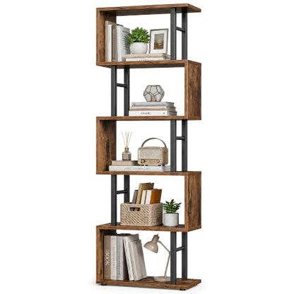 VASAGLE 6-Tier Bookshelf, S-Shaped Wood and Metal Bookcase, Tall Narrow Display Shelf, 15 x 9.4 x 61.9 in, for Living Room Storage, Rustic Brown and Matte Black, Barnet Collection ULLS172KD01 - color: Rustic Brown, style: 6-Tier (15"W)