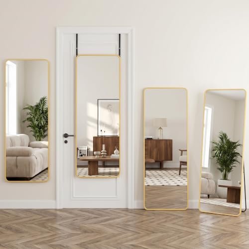 Suidia Full Length Mirror Over the Door&Wall Mounted, 58"x19" Door Mirror with Aluminum Alloy Frame, HD Shatterproof, No-Drill, Hanging Mirrors for Bedroom, Bathroom, Dorm, Closet, Rounded Rect, Gold - color: Gold, size: 58"L x 19"W, style: Rounded Rect