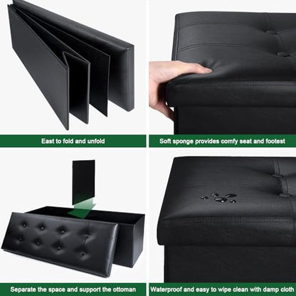 Camabel 43 Inch Folding Storage Ottoman Bench 125L Hold up 700lbs Ottoman with Storage Chest Foam Seat Padded Foot Rest Stool Faux Leather Bedroom Bench with Storage Coffee Table Black - color: Black
