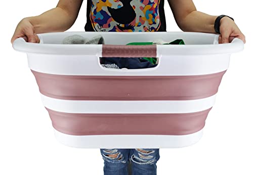 SAMMART 40L (10.5 gallon) Collapsible Plastic Laundry Basket - Foldable Pop Up Storage Container/Organizer - Portable Washing Tub - Space Saving Hamper/Basket (1, White/Dusky Pink) - color: White/Dusky Pink