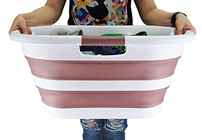 SAMMART 40L (10.5 gallon) Collapsible Plastic Laundry Basket - Foldable Pop Up Storage Container/Organizer - Portable Washing Tub - Space Saving Hamper/Basket (1, White/Dusky Pink) - color: White/Dusky Pink