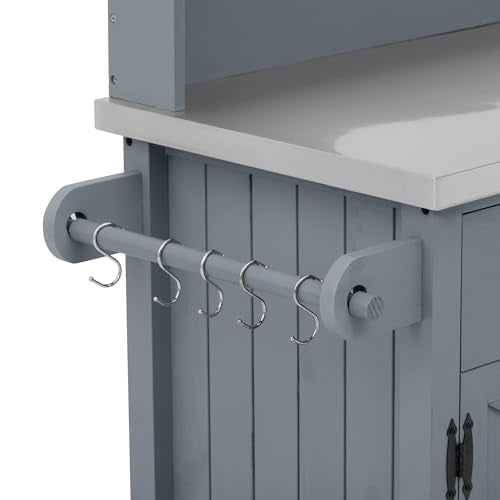 54.1" Outdoor Kitchen Island with High Shelf, Stainless Steel Top & Lockable Wheels, Solid Wood Grill Cart for BBQ, Potting Bench with Storage Cabinet & Adjustable Shelves (54.1" Grey Blue) - color: 54.1" Grey Blue