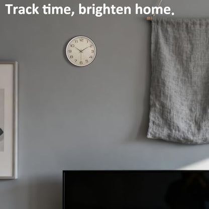 Woodgrain Wall Clock, Silent Non-Ticking Wall Clocks Battery Operated 8 Inch, Linen Texture Large Easy-to-Read Numbers Modern Analog Clock for Bedroom Living Room Kitchen Office Gym, Brown - color: Mocha Brown White, size: 8 Inch