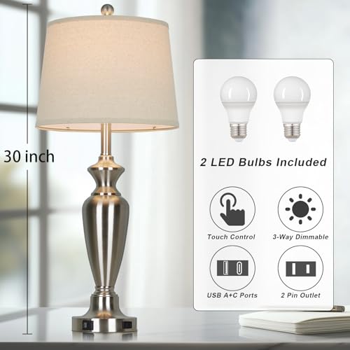 Cinyirong 30" Tall Silver Table Lamps Set of 2 for Living Room, 3-Way Dimmable Touch Control Bedside Lamps for Bedroom Nightstand with USB A+C Ports & AC Outlet (2 LED Bulbs Included) - color: Silver (2 Pack)
