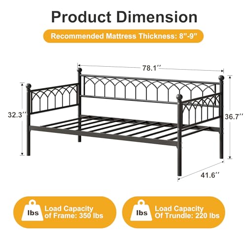 IDEALHOUSE Twin Size Daybed, Sofa Bed Frame with Metal Steel Slat Support, Heavy Duty Metal Bed Frame, Space Saving, Easy Assembly, for Small Spaces, Living Room, Bedroom, Apartment, Black | Pull-Out Trundle, Space-Saving, Metal Frame, Living Room, Bedroo