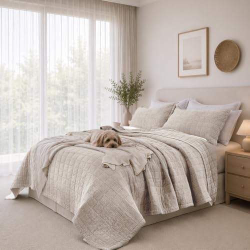 Pre-Washed Cotton King Size Quilt Set 98x106 Waffle Textured | Lightweight Breathable Bedspread Coverlet,All Season Bedding Set,Fits King & Cal King，with 2 Pillow Shams Beige - color: Beige, size: King-98x106