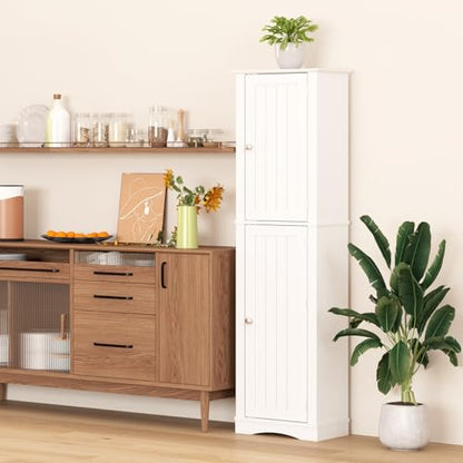 Function Home 높은 보관 캐비닛, 162.6cm(64인치) 좁은 욕실 캐비닛, 도어 보관 선반이 있는 독립형 주방 식료품 저장실, 주방 다이닝 거실용 나무 슬림 바닥 캐비닛, 화이트 - color: 슬림 화이트, size: 15.8"Wx11.81"Dx64"H