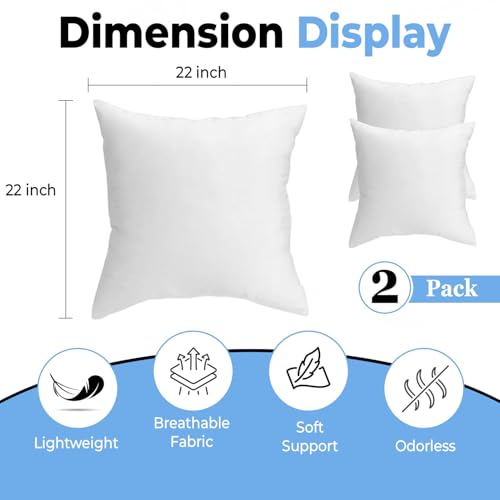 QUBA LINEN Throw Pillow Inserts (Set of 2, White), 22x22 Inches - Premium Cushion Fillers for Sofa, Bed, and Home Décor (22x22 Inch (Pack of 2)) - size: 22x22 Inch (Pack of 2)