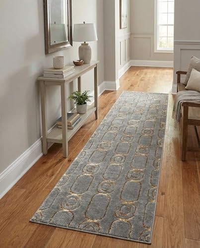 Rugs.com - Vogue Geo Rug – 8 Ft Runner Gray and Gold High-Pile Textured Rug – Modern Geometric Design for Hallways, Entryways, and Bedrooms - color: Gray and Gold, size: 2' x 8' (Runner)