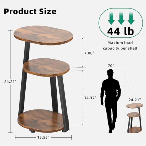 Kalrin Side Table, Small End Table with Metal Frame, 3-Tier Bedside Tables, Round Side Tables for Living Room Bedroom Couch Bathroom, Oval, Vintage Brown - color: Brown