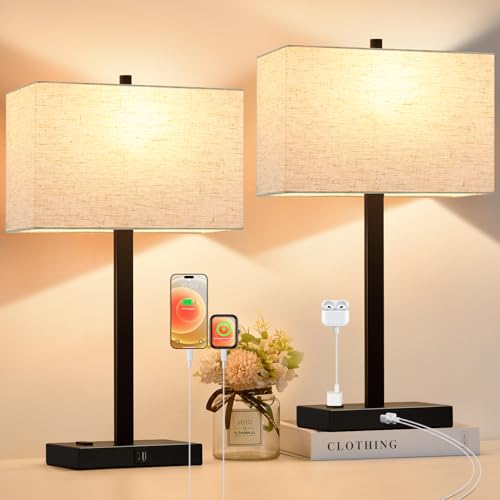 Lynnoland 21" Set of 2 Table lamp with USB A+C & AC Outlets, Touch Control 3-Way Dimmable Nightstand Lamps for Bedroom Living Room Office Reading, Linen Shade Touch Lamps, 3000K LED Bulbs Included - color: (2 Pack) Natural Linen & Matte Black (Base)-3000K