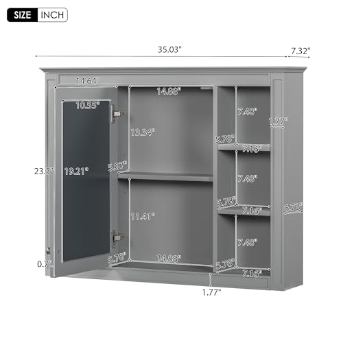 Wall Mounted Medicine Cabinet, Bathroom Storage Cabinet with Mirror Door and 6 Adjustable Open Shelf (7.3" D x 35" W x 27.5" H) (Grey) - color: Grey