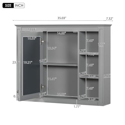 Wall Mounted Medicine Cabinet, Bathroom Storage Cabinet with Mirror Door and 6 Adjustable Open Shelf (7.3" D x 35" W x 27.5" H) (Grey) - color: Grey