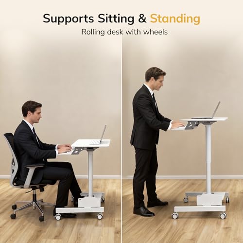 Mount-It! Mobile Computer Cart, Height-Adjustable Rolling Workstation with 28" Desktop, Keyboard Tray, Storage Shelves & Locking Wheels, Mobile Computer Stand for Office, Classroom, or Home