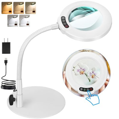 IVMAIE 12X Magnifying Glass with Light, Real Glass Lens, 5 Color Modes Dimmable, Flexible Gooseneck Lighted Magnifier with Stand, LED Desk Lamp Hands Free for Crafts Painting Reading Close Work, White - color: White